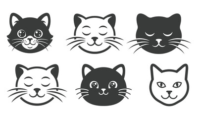 Collection of six black cat head silhouettes with varying expressions on a white background © sumanavact