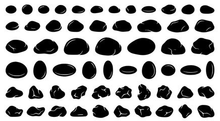 Fototapeta premium Large set of various black stone silhouettes and pebble shapes isolated on white background for natural landscaping and environmental design