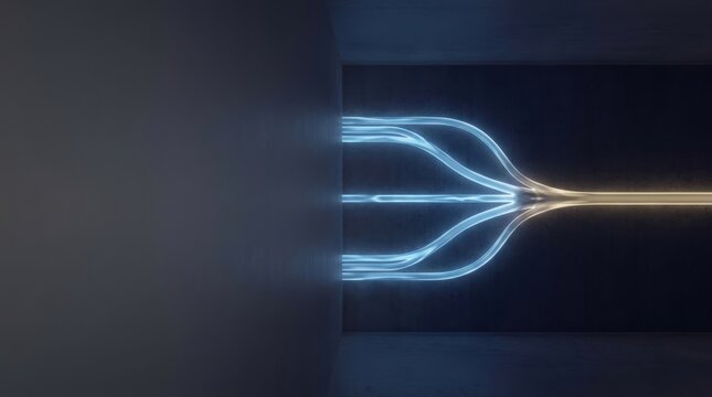 Blue input streams converging into a warm gold output path in a dark architectural corridor with wide copy space for business process and resource allocation concepts