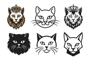 Collection of regal cat head illustrations featuring crowns and varied fur styles on a white background © sumanavact