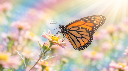 Naklejka premium Monarch butterfly on pink flower, vibrant orange butterfly in sunny spring garden, ethereal nature scene with soft bokeh
