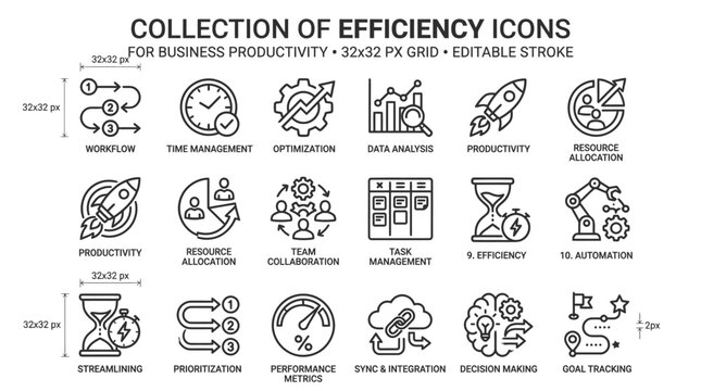 Collection of efficiency icons for business productivity and workflow optimization in a 32x32 px grid editable vector graphic design.
