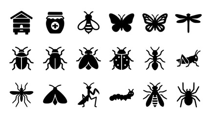 Insects and Bugs Solid Silhouette Glyph Icon Collection Featuring Butterfly Honey Bee Ladybug Spider and Dragonfly Vector Symbols for Nature and Science Graphics © Kulsum