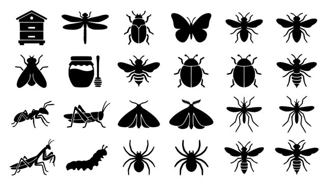 Insects and Bugs Solid Black Glyph Icon Set Featuring Butterfly Honey Bee Beetle Dragonfly Spider and Caterpillar Silhouette Graphics for Educational Layouts