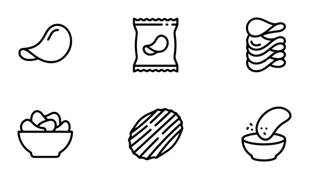 Crisps Icons Set, Potato Chips Vector Graphics, Snack Food Symbols, Salty Treat Illustrations