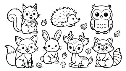 Fototapeta premium Cute Woodland Animals Coloring Page Set featuring Fox, Rabbit, Deer, Owl, Raccoon, Hedgehog and Squirrel Illustrations