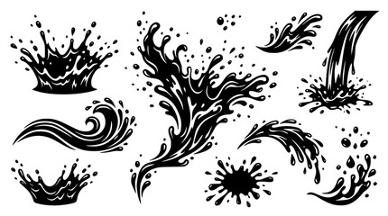 Dynamic liquid water splash silhouettes vector set featuring dramatic fluid crowns pouring streams ocean waves and ink blot splatters © Kulsum