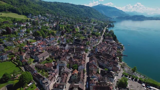 Aerial view around the old town of the city Zug, switzerland on a sunny spring noon.