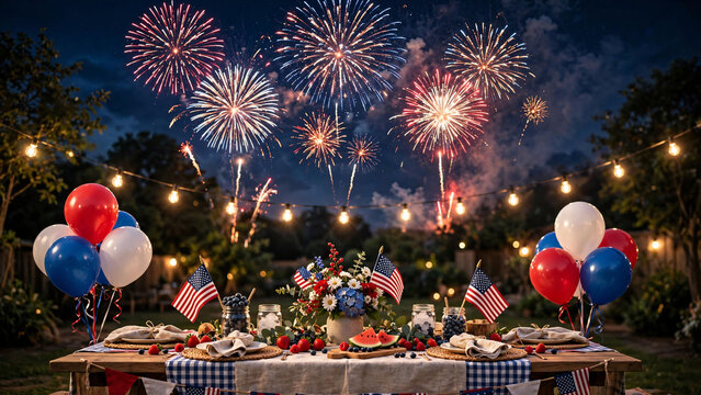 Festive Independence Day backyard celebration with vibrant fireworks over a decorated dinner table featuring patriotic flags and balloons