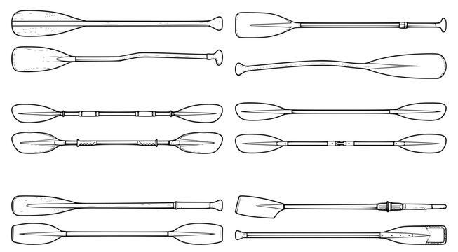 Collection of various wooden and metal rowing oars and paddles for water sports and boating equipment illustration