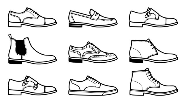 Men classic leather footwear vector line icon set with oxfords loafers boots brogues and sneakers styles