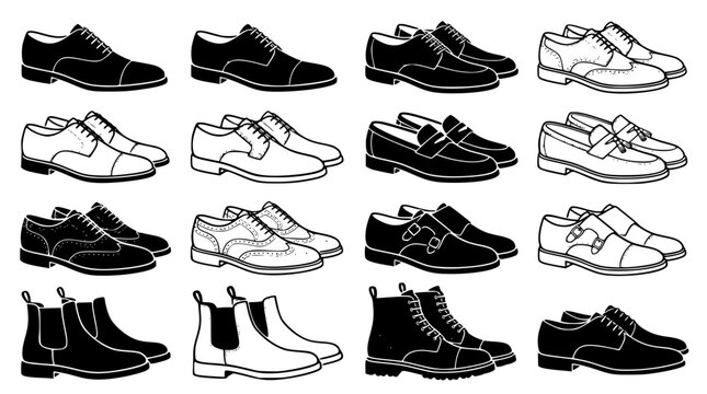 Men classic leather shoes and boots vector collection with oxfords loafers brogues and chelsea boot styles