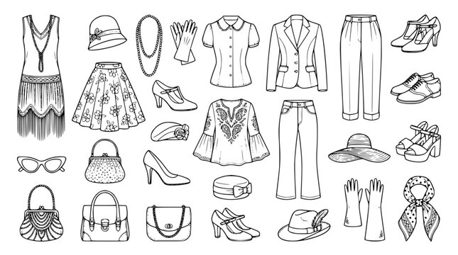 Retro women fashion garments and accessories line icon set with flapper dresses trousers shoes and bags