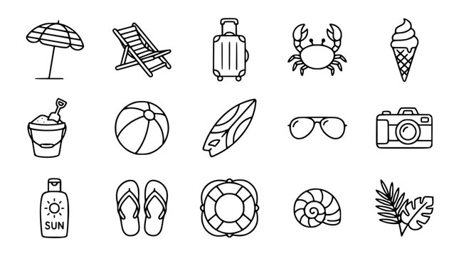 Summer beach vacation outline icon set featuring umbrella suitcase surfboard crab sunglasses camera sunscreen flip flops and seashell vector