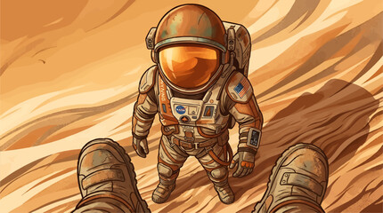 Astronaut in Muted Beige and Burnt Orange Spacesuit Standing on Martian Surface, Low Angle First Person Perspective, Copper Helmet Reflection, Futuristic Space Exploration Concept Vector Illustration © Rasyadstudio