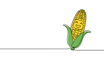 Fototapeta premium Happy yellow corn cob with green husks drawn in a continuous line art style on a clean white background