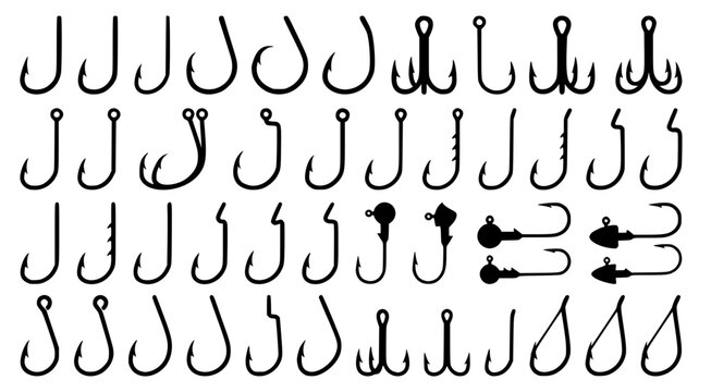 Comprehensive collection of specialized fishing hooks and jig heads for various angling techniques in a clean black and white line art style