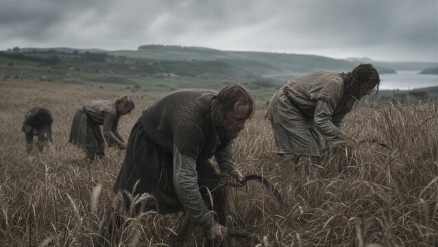 Medieval peasants harvesting wheat with hand sickles in a field. Group of men and woman working on farm. Historical reenactment of archaic agriculture, rural life and subsistence farming.