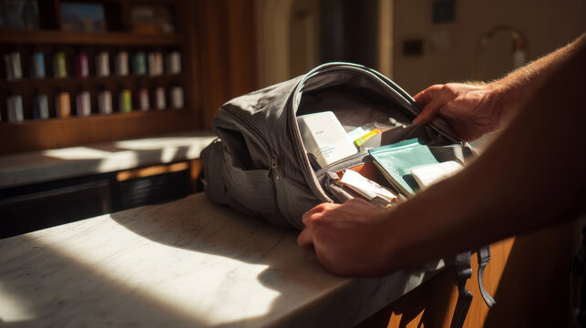 Gray backpack opened on a marble countertop revealing various items including notebooks, stationery, and personal care products in a well-lit indoor setting