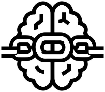 Minimalist black line svg icon of a broken chain in a brain with depicts simple black chain inside restriction resource freedom thought with graphic