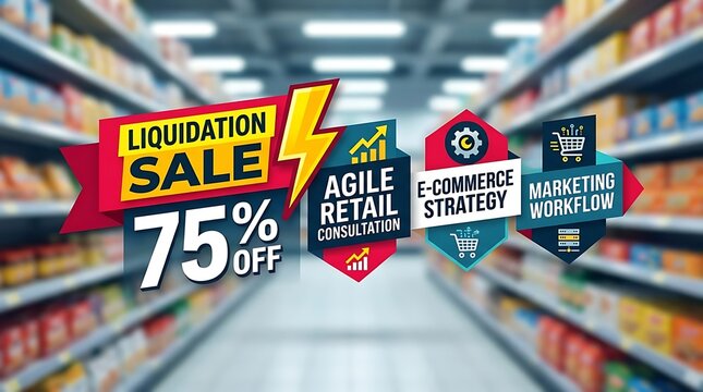 3D liquidation sale seventy five percent off promotional banners floating in grocery supermarket aisle