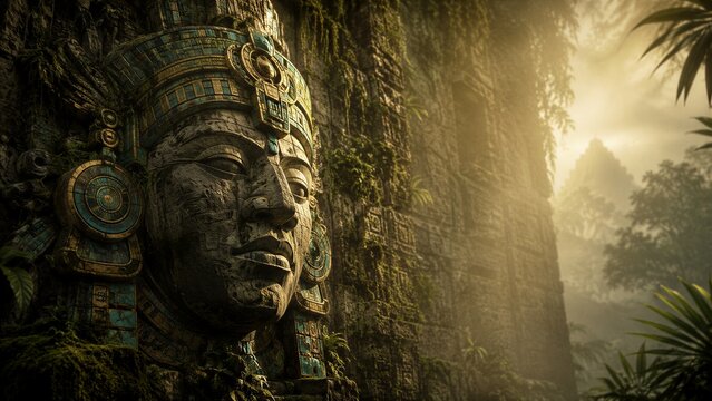 Ancient stone head sculpture carved on a temple wall in a tropical jungle. Mayan ruin architectural detail with turquoise mosaic. Archeological exploration and history concept.