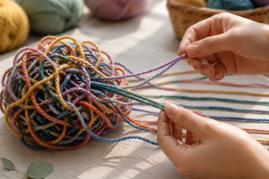 Close-up of colorful yarn being untangled from a complex knot.