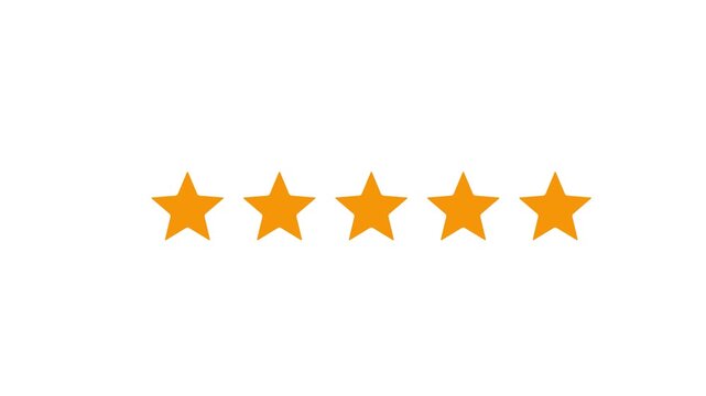 Five yellow stars arranged in a horizontal line on a white background five stars star rating. with 4k video animation.