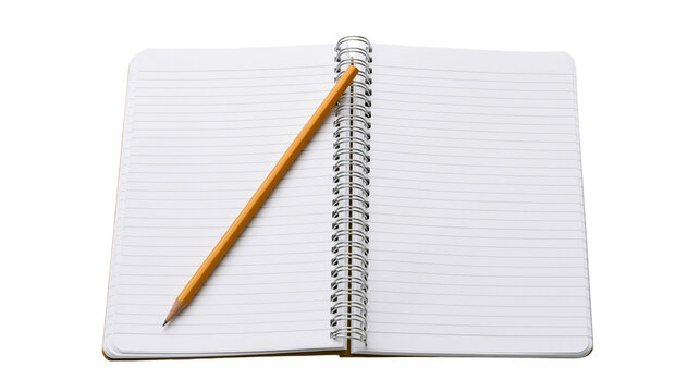 Yellow pencil resting on open lined notebook, isolated on transparent background