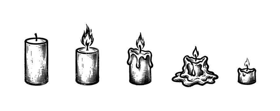 Five hand-drawn black and white candles illustrating the melting process, from new to almost fully melted, on a clean white background