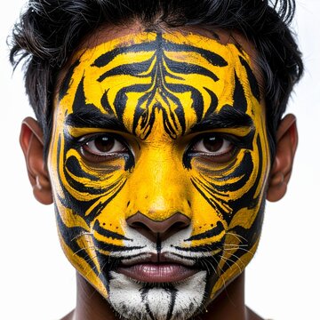 Pulikali Tiger Dance Costume Face Paint Isolated on White Background Onam Festival