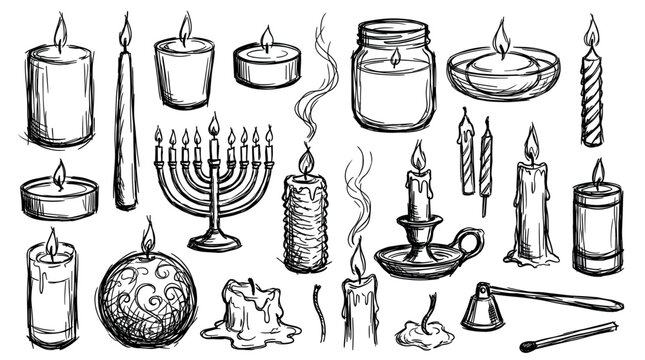 Various hand-drawn burning candles, including a menorah and a snuffer, rendered in a detailed sketch style on a clean white background