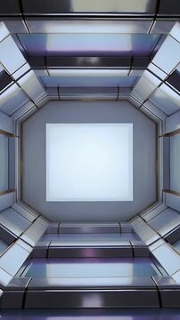 Vertical video: Starting camera lifting through metal shaft toward skylight, revealing purple sheen
