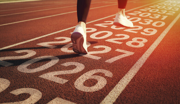 Runner feet stepping forward on a track with years 2027 to 2028. Concept of career progress, business vision milestones, dynamic transition, and future goal planning.