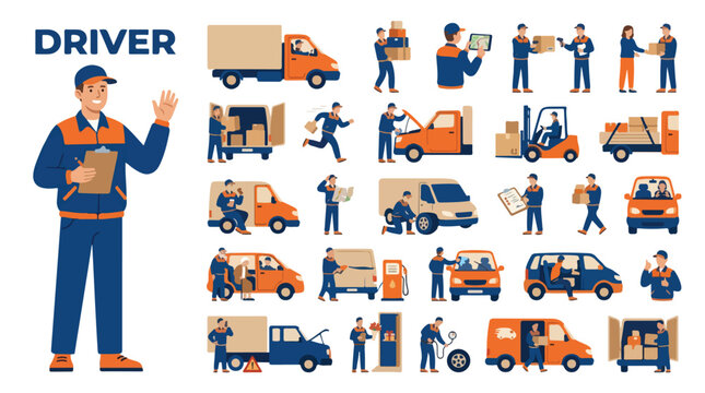 Professional delivery driver character set, courier service logistics icons, commercial transport and shipping vector illustrations