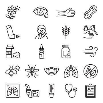 Allergy and respiratory health icon set featuring common triggers and treatment, respiratory