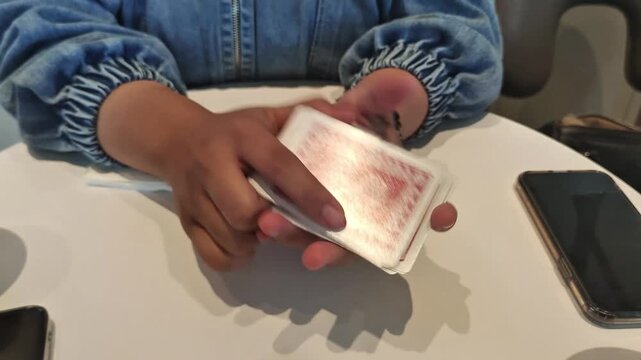 playing cards being shuffled by a woman's hand