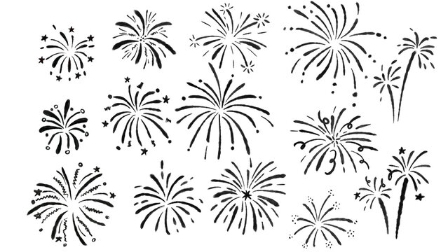 Collection of hand drawn firework doodle featuring various celebration burst designs in a clean minimalist style. Perfect for New Year or Independence Day.