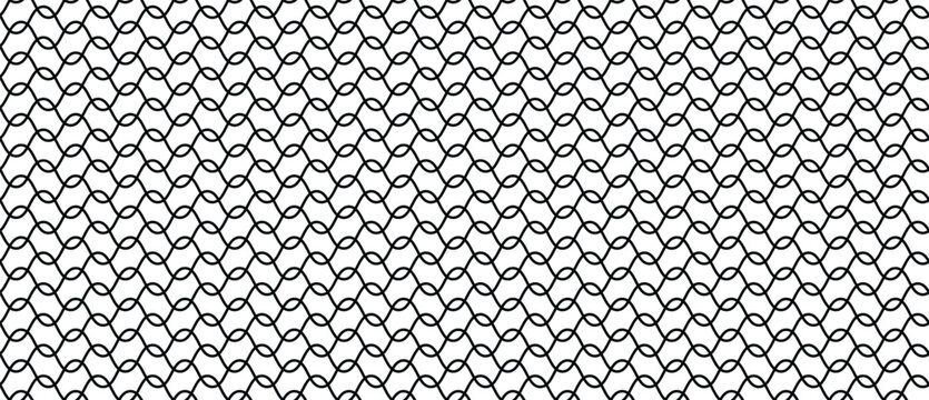 Black and White Chainmail Interlocking Loop Seamless Pattern, Geometric Mesh Net Vector Background, Minimalist Woven Wire Grid Texture