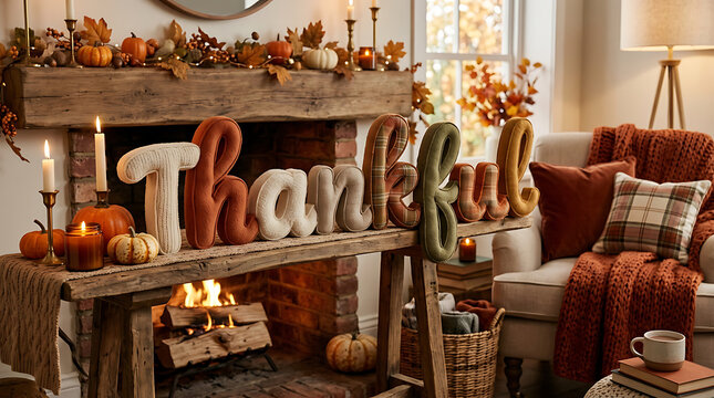 cozy autumn living room with thankful decor