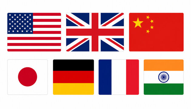 World flags vector icon set. National country flags collection including USA, United Kingdom, China, Japan, Germany, France, and India. Flat rectangular web icons isolated.