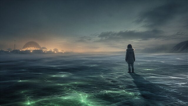 Child standing on a frozen alien planet looking at a distant futuristic dome city. Science fiction landscape featuring an explorer and extraterrestrial technology. Concept of isolation.