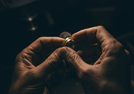 Artisan's Hands Skillfully Crafting a Gold Ring in a Dimly Lit Workshop With Engaging Light Reflections and Focused Attention to Detail