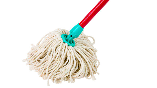 Cotton mop head with red handle and teal connector, isolated on transparent background