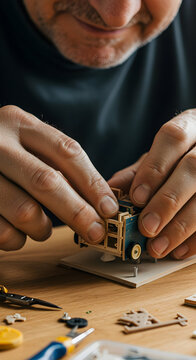 Focused Individual Working on Assembling a Detailed Wooden Model in a Creative Workspace with Various Crafting Tools and Materials on a Wooden Table