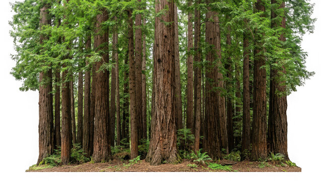 Trunks of giant redwood trees in a forest isolated on transparent background