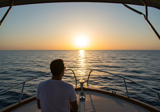 Man Enjoying Peaceful Sunset View Over Ocean While Relaxing on Boat in Tranquil Waters