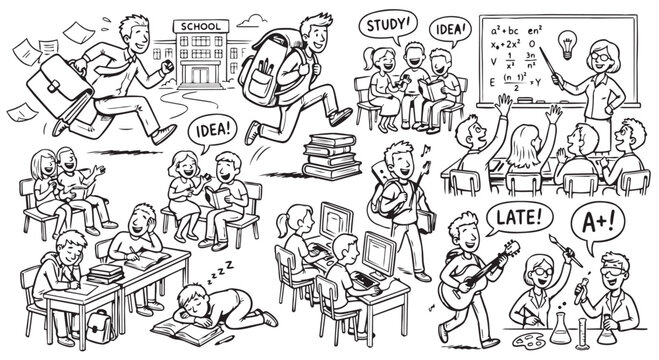 School classroom activities and educational sketches set with education students classroom