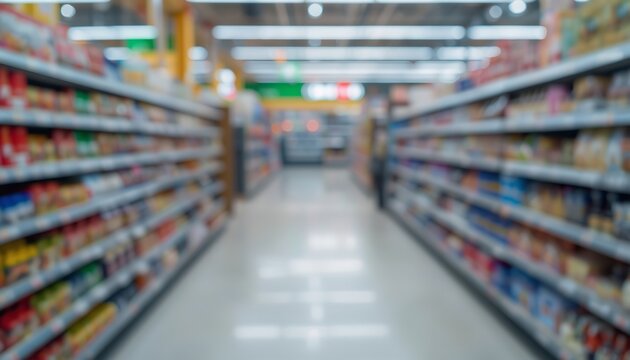 Aisle of shelves stocked with various products in a retail environment