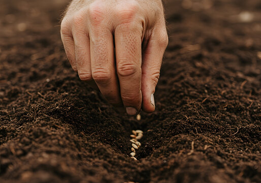 Close-Up of a Hand Planting Seeds in Rich, Dark Soil, Reflecting the Essence of Agriculture and Nurturing Growth in a Sustainable Garden Environment